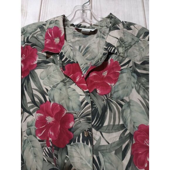 Dressbarn Shirt Ladies 2x Army Green Red Floral Button Front Short Sleeve 100% S - Picture 3 of 6